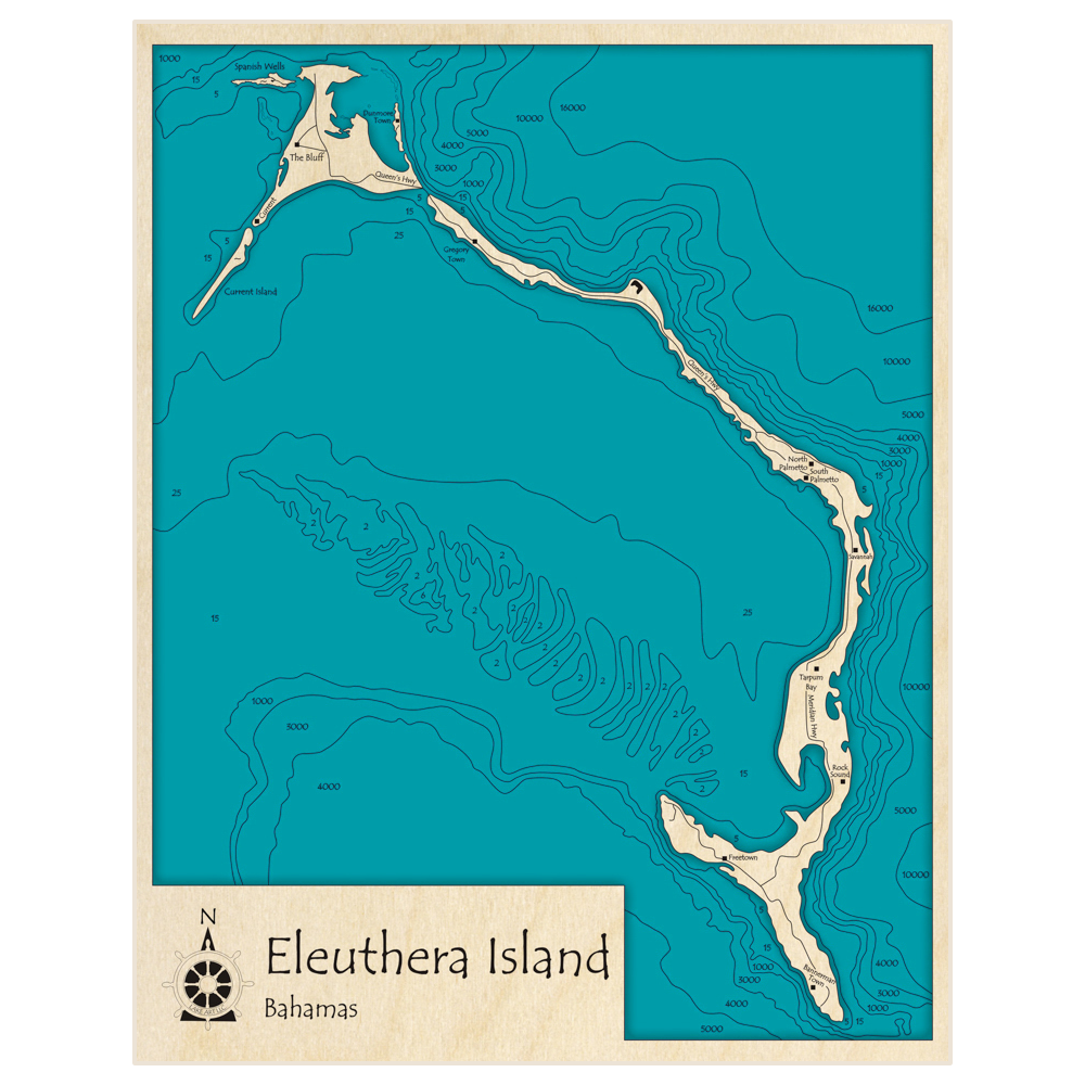 Bathymetric topo map of Eleuthera Island with roads, towns and depths noted in blue water