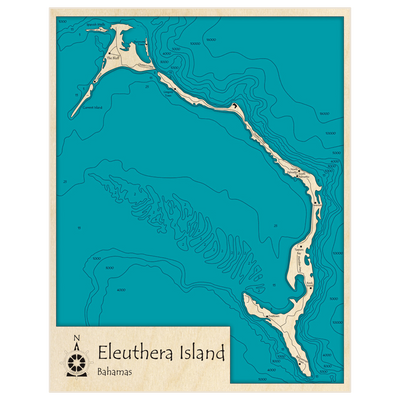 Bathymetric topo map of Eleuthera Island with roads, towns and depths noted in blue water