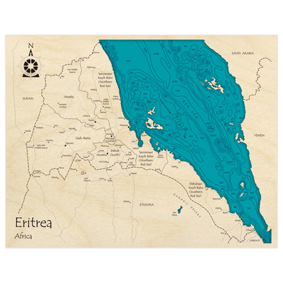 Bathymetric topo map of Eritrea with roads, towns and depths noted in blue water