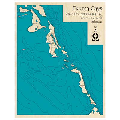 Bathymetric topo map of Exuma Cays (Staniel Cay with Bitter Guana Cay and Guana Cay South) with roads, towns and depths noted in blue water
