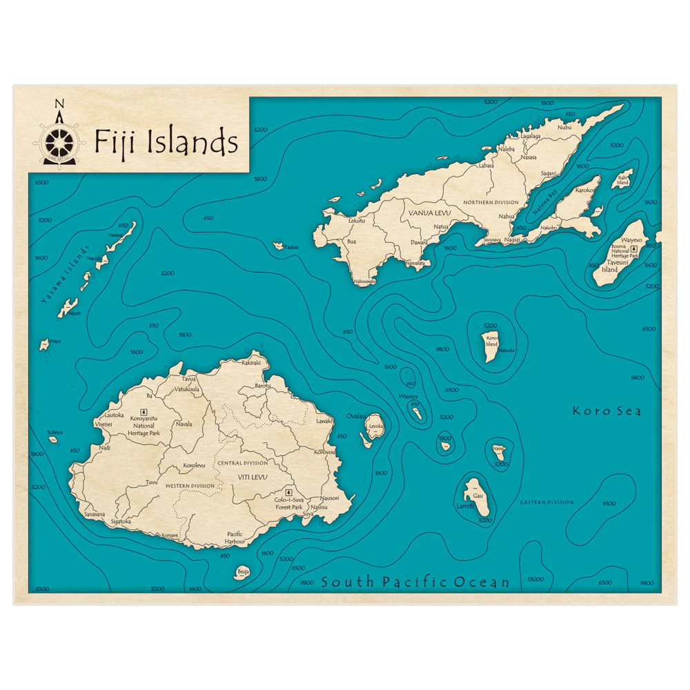 Bathymetric topo map of Islands Fiji (Viti Levu and Vanau Levu) with roads, towns and depths noted in blue water