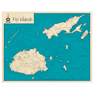 Bathymetric topo map of Islands Fiji (Viti Levu and Vanau Levu) with roads, towns and depths noted in blue water