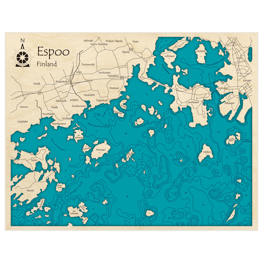 Bathymetric topo map of Espoo with roads, towns and depths noted in blue water