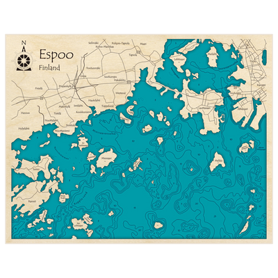 Bathymetric topo map of Espoo with roads, towns and depths noted in blue water