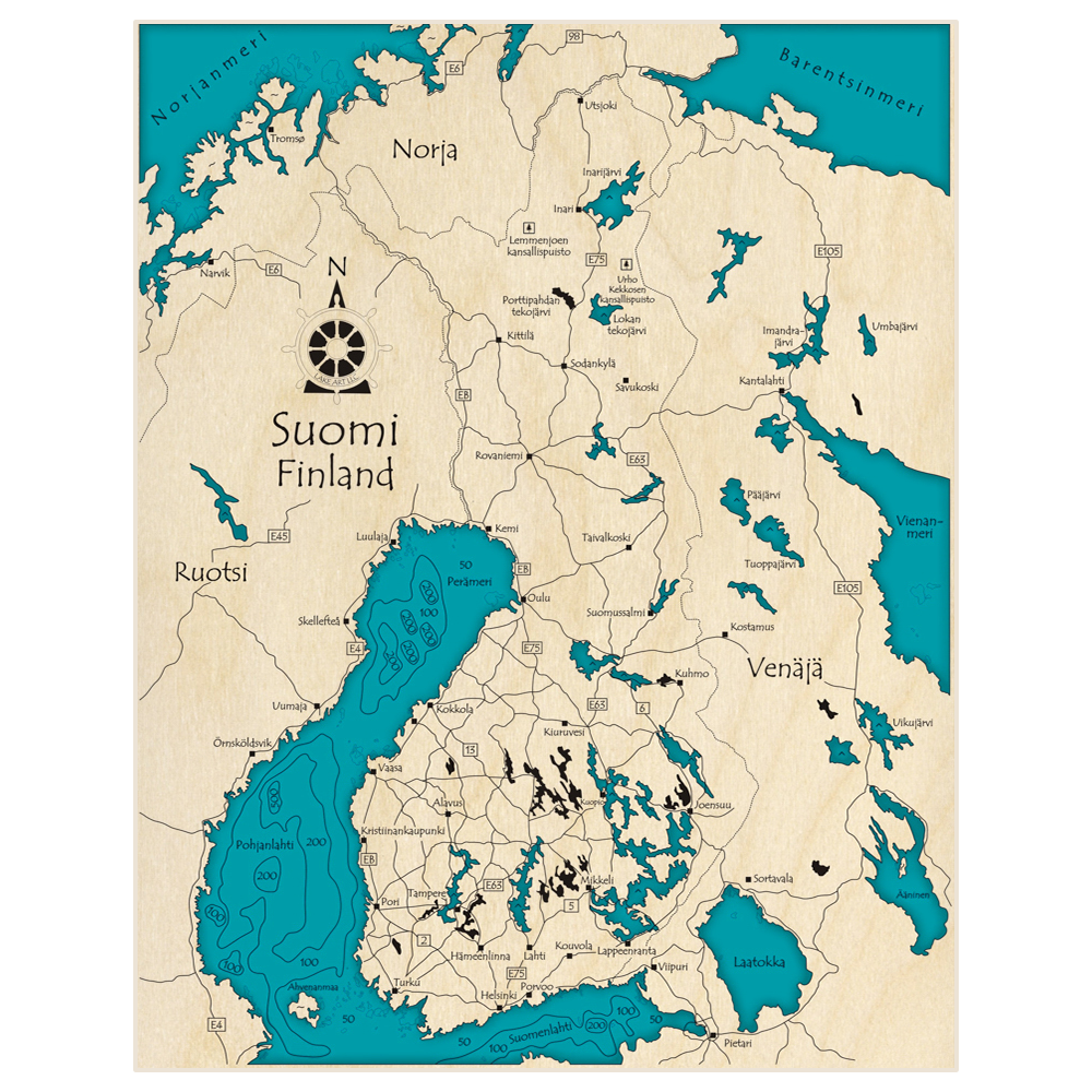 Bathymetric topo map of Suomi / Finland (The entire nation of Finland) with roads, towns and depths noted in blue water