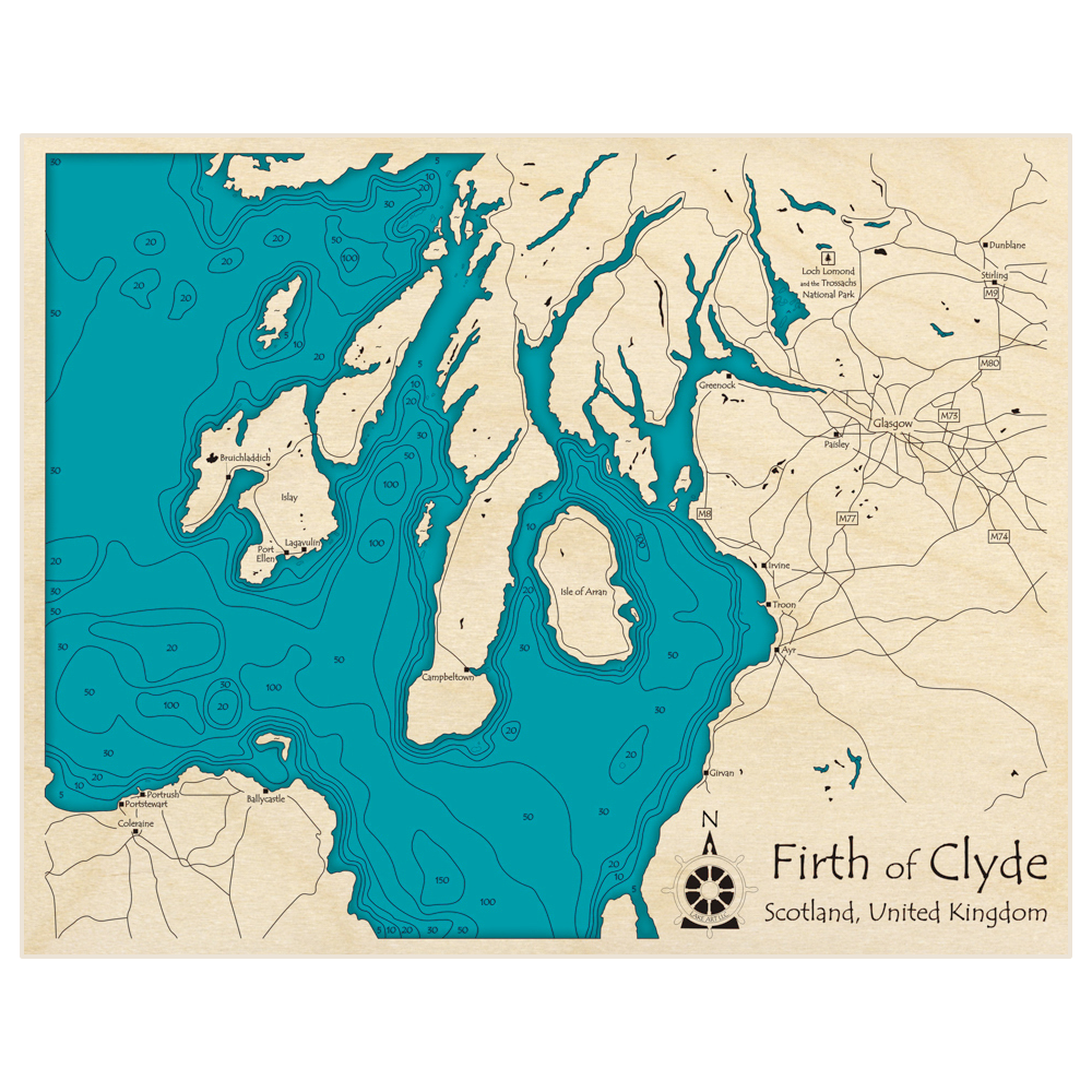 Bathymetric topo map of Firth of Clyde with roads, towns and depths noted in blue water