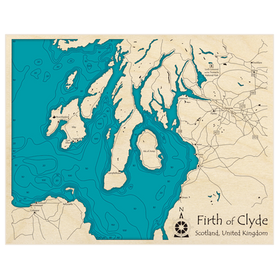 Bathymetric topo map of Firth of Clyde with roads, towns and depths noted in blue water