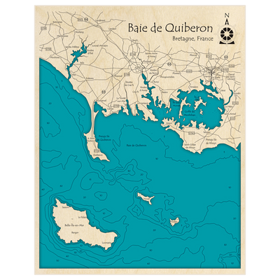 Bathymetric topo map of Baie de Quiberon with roads, towns and depths noted in blue water