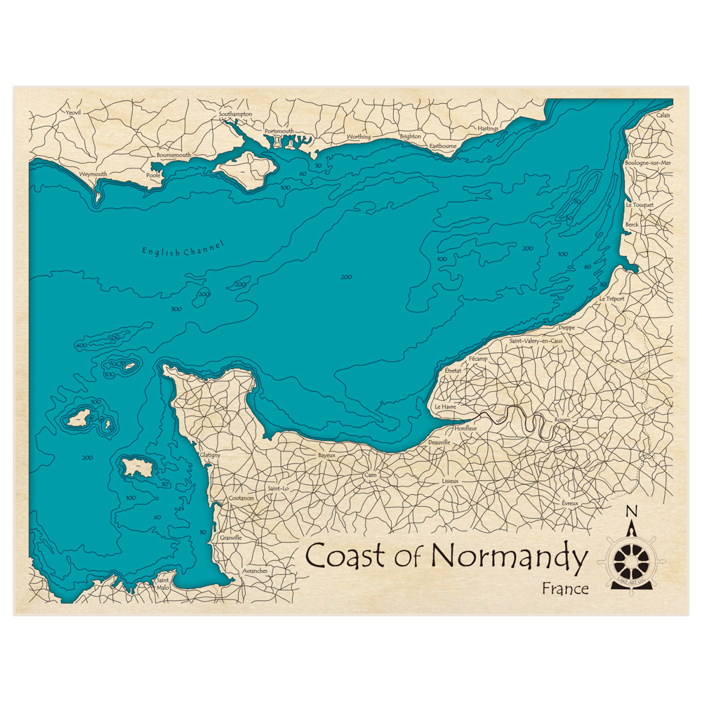 Bathymetric topo map of Coast of Normandy with roads, towns and depths noted in blue water