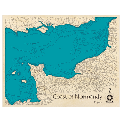 Bathymetric topo map of Coast of Normandy with roads, towns and depths noted in blue water