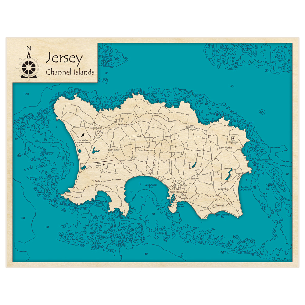 Bathymetric topo map of Jersey with roads, towns and depths noted in blue water