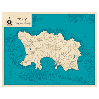 Bathymetric topo map of Jersey with roads, towns and depths noted in blue water
