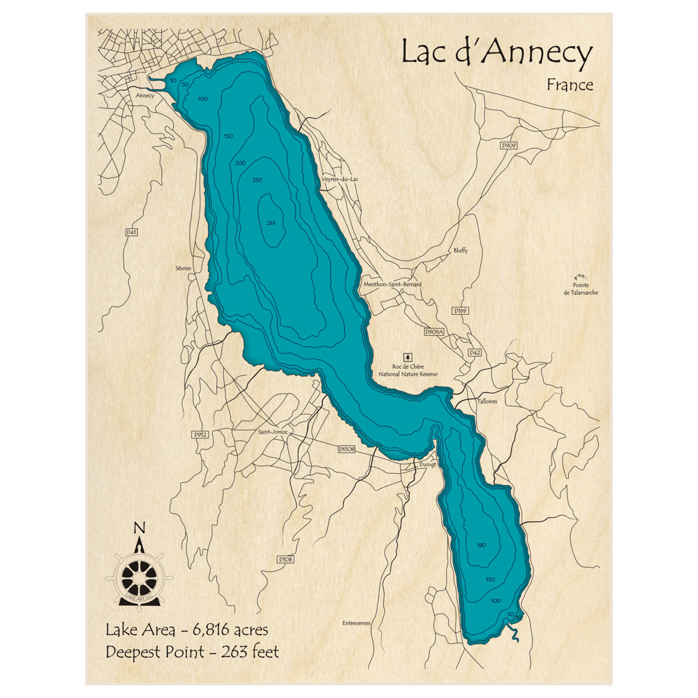 Bathymetric topo map of Lac d Annecy with roads, towns and depths noted in blue water