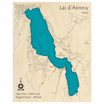 Bathymetric topo map of Lac d Annecy with roads, towns and depths noted in blue water