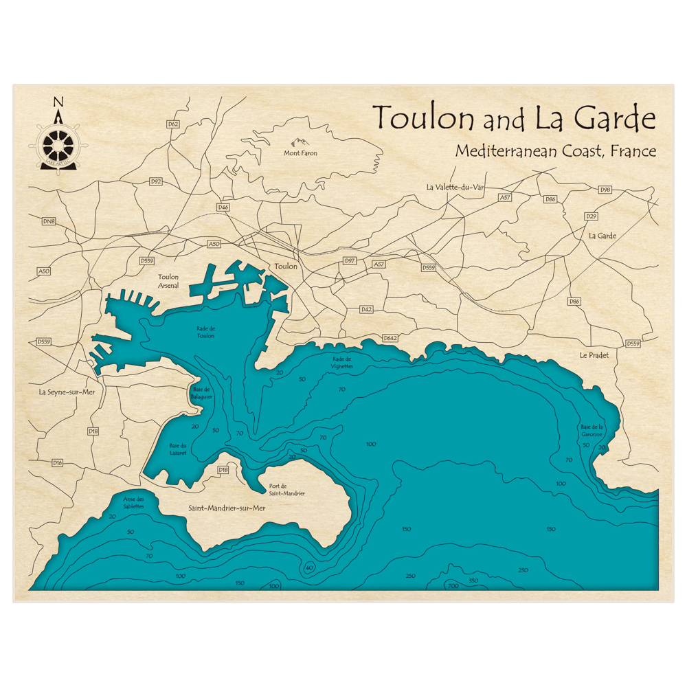 Bathymetric topo map of Toulon and La Garde with roads, towns and depths noted in blue water