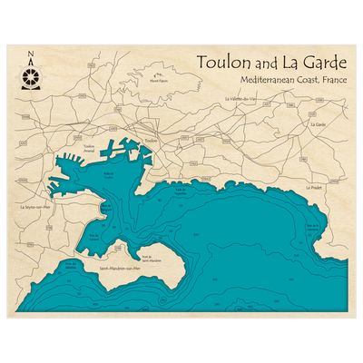 Bathymetric topo map of Toulon and La Garde with roads, towns and depths noted in blue water