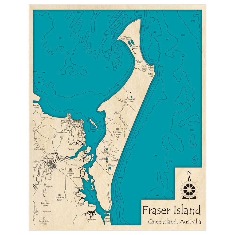 Bathymetric topo map of Fraser Island with roads, towns and depths noted in blue water