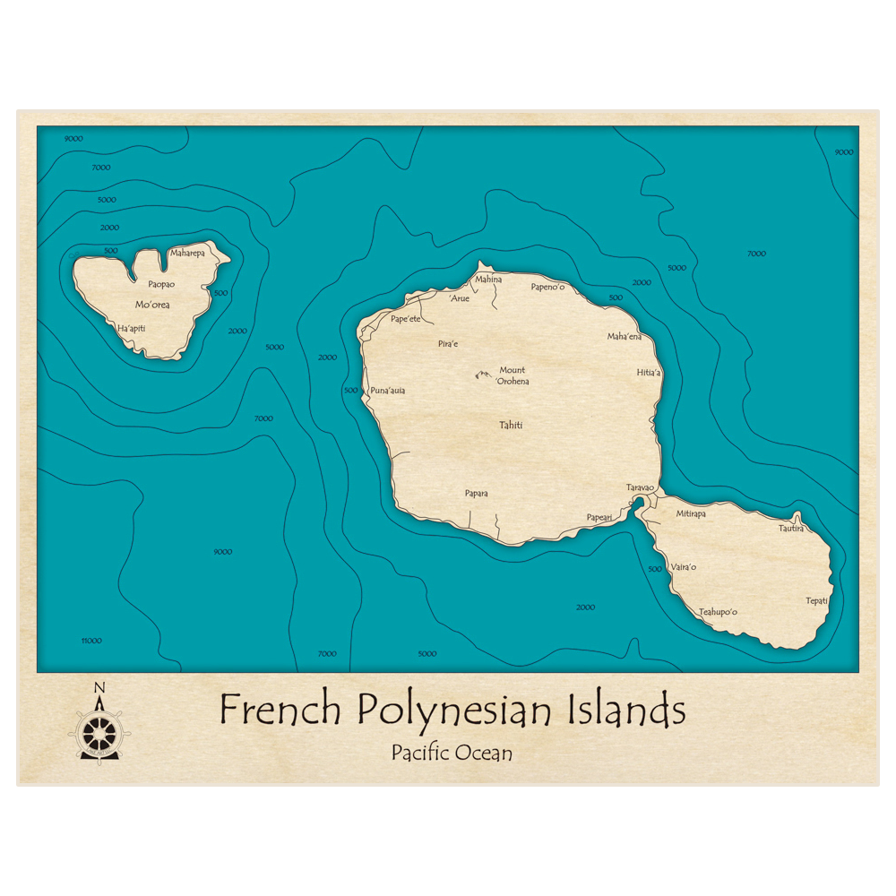 Bathymetric topo map of French Polynesia and Moorea with roads, towns and depths noted in blue water