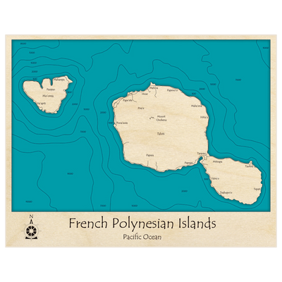 Bathymetric topo map of French Polynesia and Moorea with roads, towns and depths noted in blue water