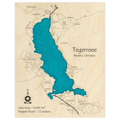 Bathymetric topo map of Tegernsee with roads, towns and depths noted in blue water