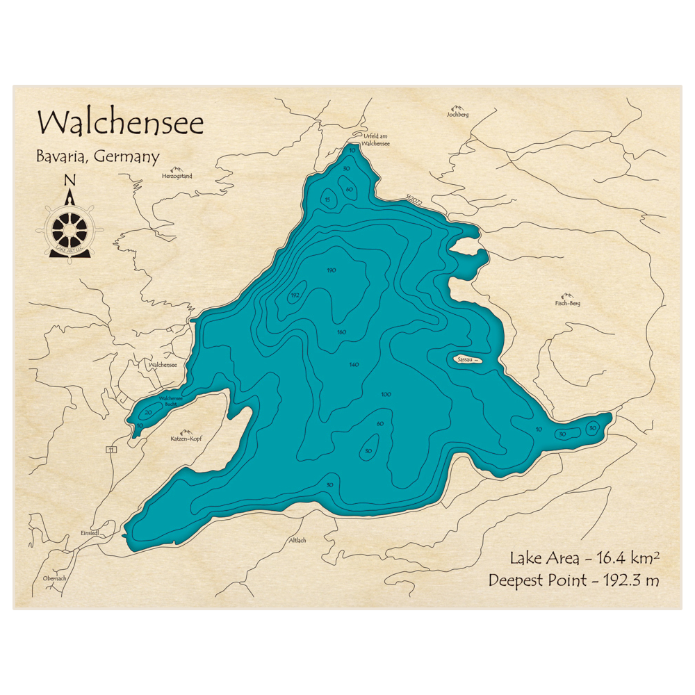 Bathymetric topo map of Welchensee with roads, towns and depths noted in blue water