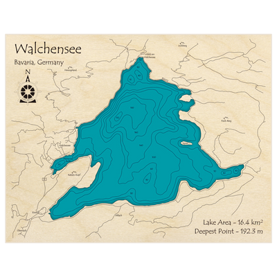 Bathymetric topo map of Welchensee with roads, towns and depths noted in blue water