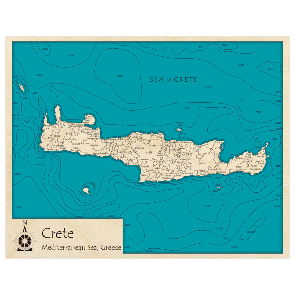 Bathymetric topo map of Crete with roads, towns and depths noted in blue water