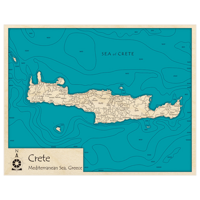 Bathymetric topo map of Crete with roads, towns and depths noted in blue water