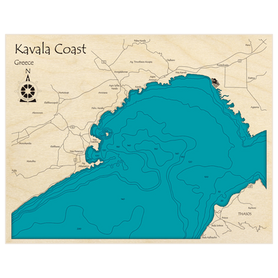 Bathymetric topo map of Kavala Coast with roads, towns and depths noted in blue water