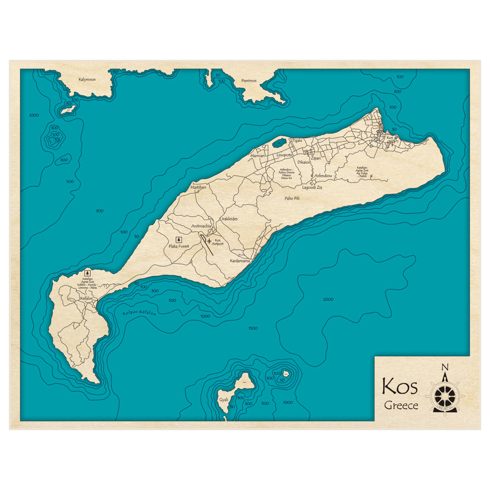Bathymetric topo map of Kos with roads, towns and depths noted in blue water