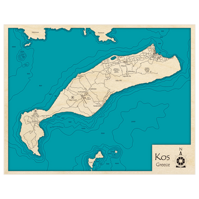 Bathymetric topo map of Kos with roads, towns and depths noted in blue water