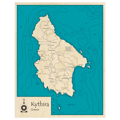 Bathymetric topo map of Kythira with roads, towns and depths noted in blue water