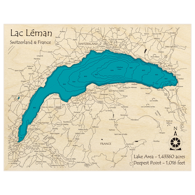 Bathymetric topo map of Lac Leman with roads, towns and depths noted in blue water