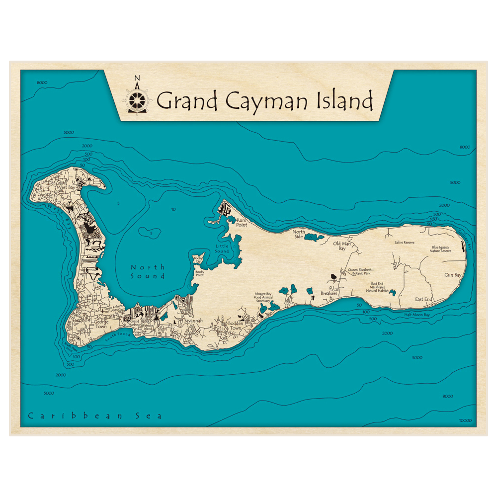 Bathymetric topo map of Grand Cayman Island with roads, towns and depths noted in blue water
