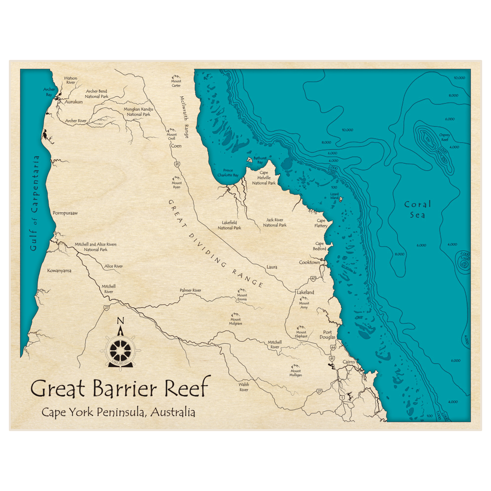 Bathymetric topo map of Great Barrier Reef (Cape York Peninsula) with roads, towns and depths noted in blue water