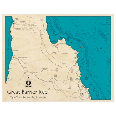 Bathymetric topo map of Great Barrier Reef (Cape York Peninsula) with roads, towns and depths noted in blue water
