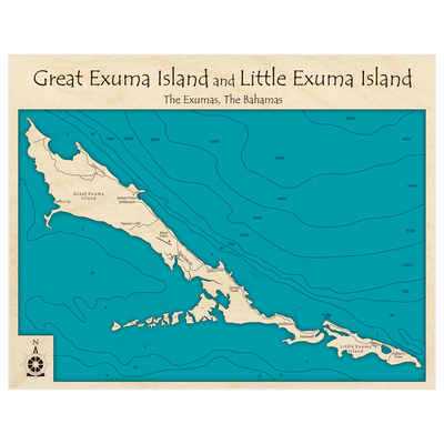 Bathymetric topo map of Great Exuma and Little Exuma Islands with roads, towns and depths noted in blue water