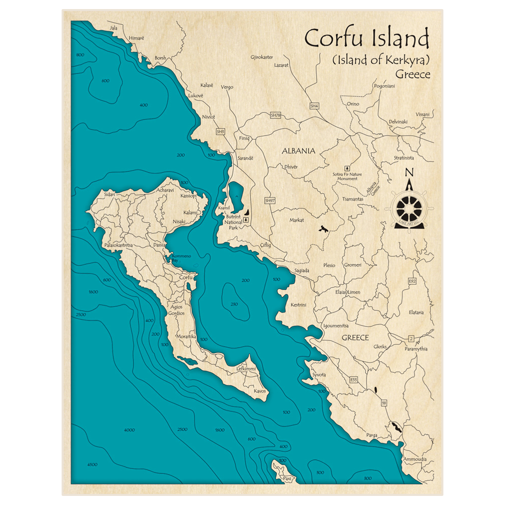 Bathymetric topo map of Corfu Island (with Albanian and Greek Coast) with roads, towns and depths noted in blue water