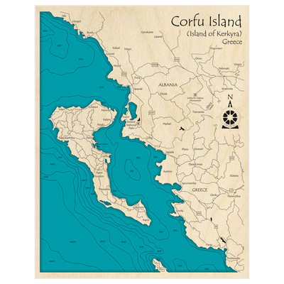 Bathymetric topo map of Corfu Island (with Albanian and Greek Coast) with roads, towns and depths noted in blue water