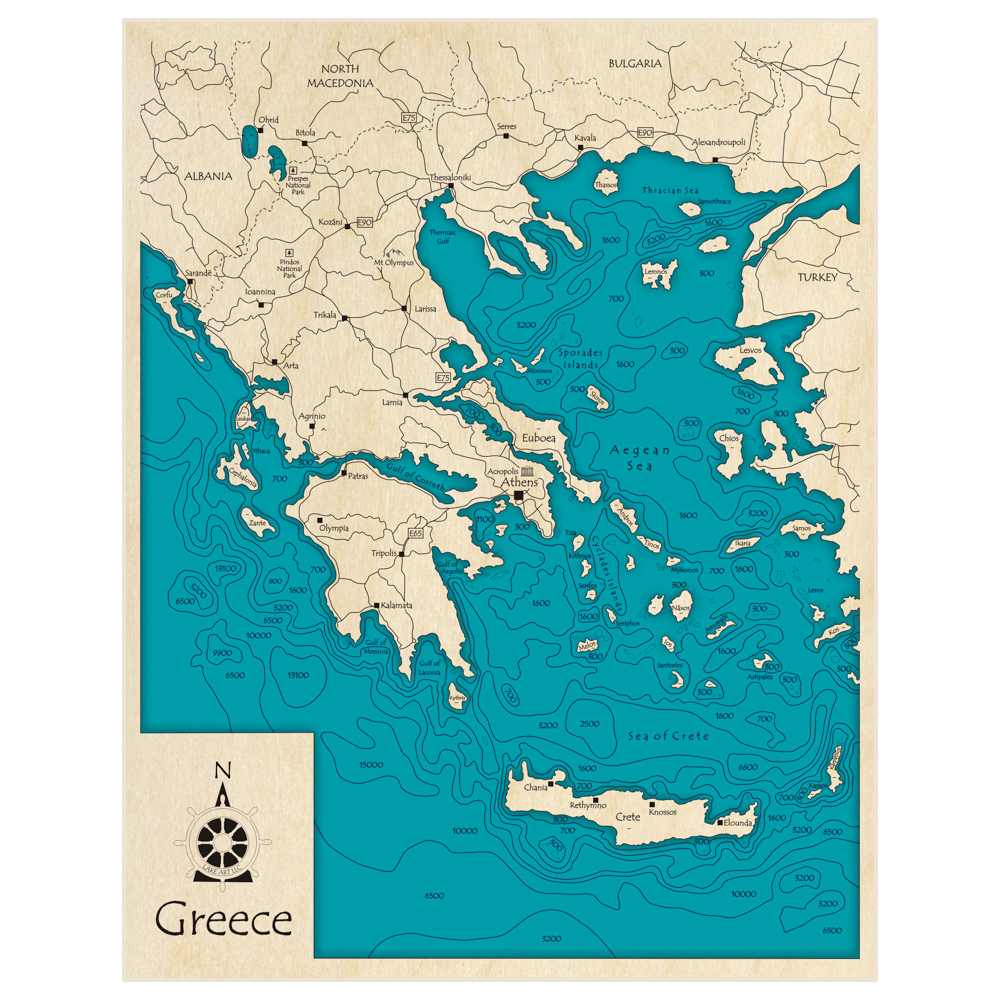 Bathymetric topo map of Greece (Entire Country) with roads, towns and depths noted in blue water