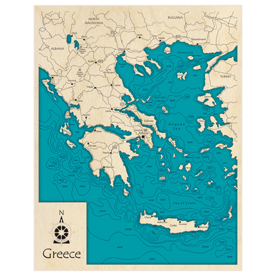 Bathymetric topo map of Greece (Entire Country) with roads, towns and depths noted in blue water