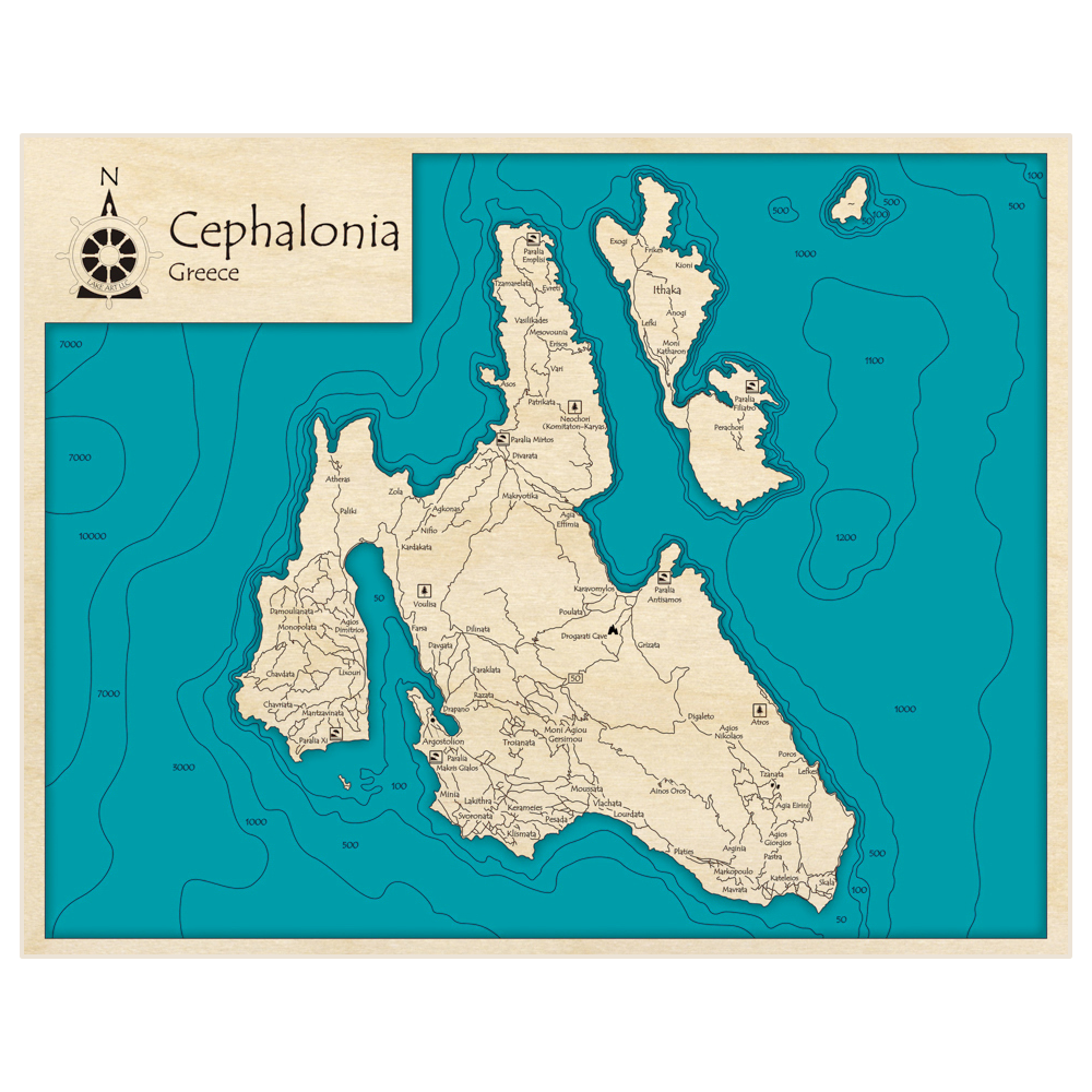 Bathymetric topo map of Cephalonia, Greece with roads, towns and depths noted in blue water