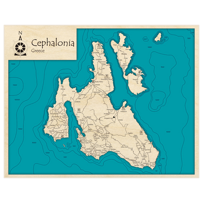 Bathymetric topo map of Cephalonia, Greece with roads, towns and depths noted in blue water