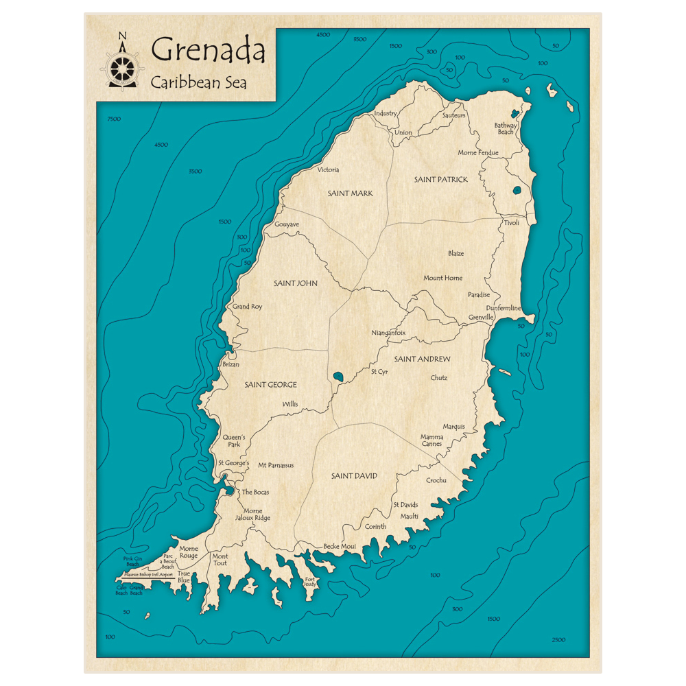 Bathymetric topo map of Grenada with roads, towns and depths noted in blue water