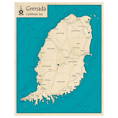 Bathymetric topo map of Grenada with roads, towns and depths noted in blue water