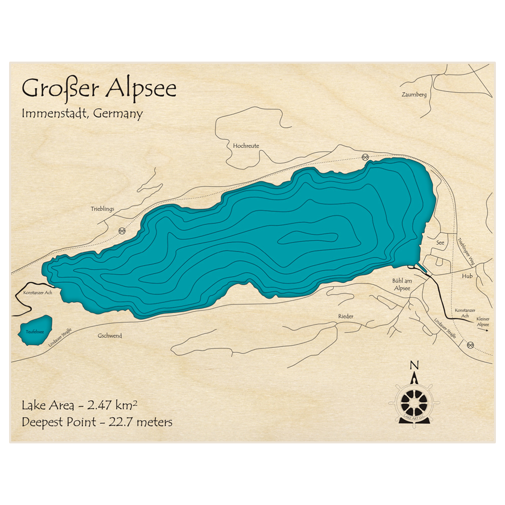 Bathymetric topo map of Grosser Alpsee  with roads, towns and depths noted in blue water