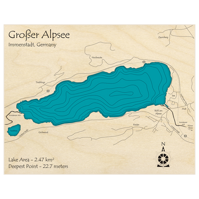 Bathymetric topo map of Grosser Alpsee  with roads, towns and depths noted in blue water