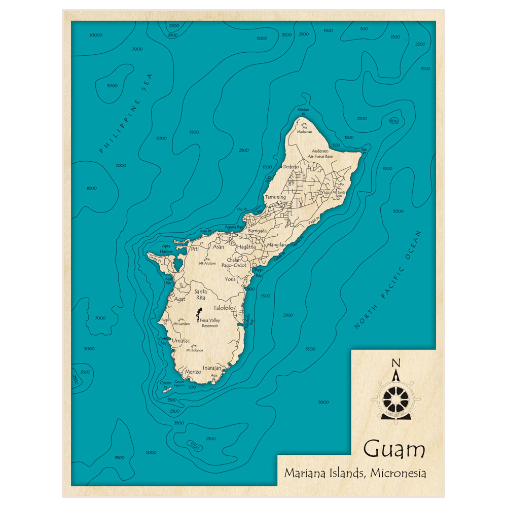 Bathymetric topo map of Guam with roads, towns and depths noted in blue water