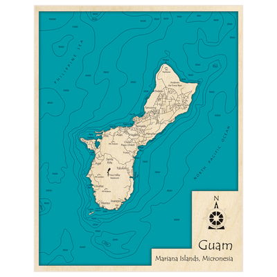 Bathymetric topo map of Guam with roads, towns and depths noted in blue water