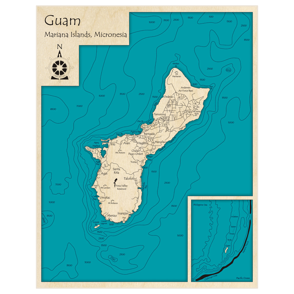 Bathymetric topo map of Guam (with Mariana Trench inset) with roads, towns and depths noted in blue water
